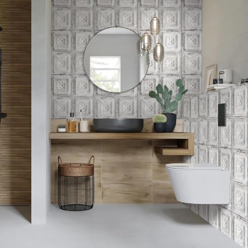 Froluya Distressed Tile Peel and Stick Wallpaper Ceiling 16.9" x 196.8" | Rustic White Contact Paper Embossed Self Adhesive Wallpaper Removable Waterproof Wall Paper for Kitchen Backsplash Vinyl - size: 16.9” x 196.8”