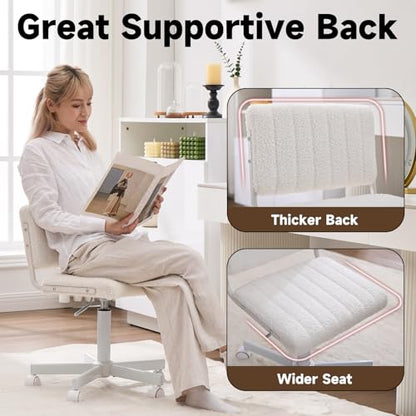 Office Chair Vanity Chair with Wheels | Comfy Desk Chair with Back | Cute Teddy Armless Adjustable Swivel Chair | Small Vanity Stool | for Bedroom Home Computer Task | White - color: White