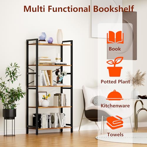 5 Tier Bookshelf,Storage Shelf with Steel Frame,Free Standing Open Book Shelves Storage Display Shelf - size: 5 Tier