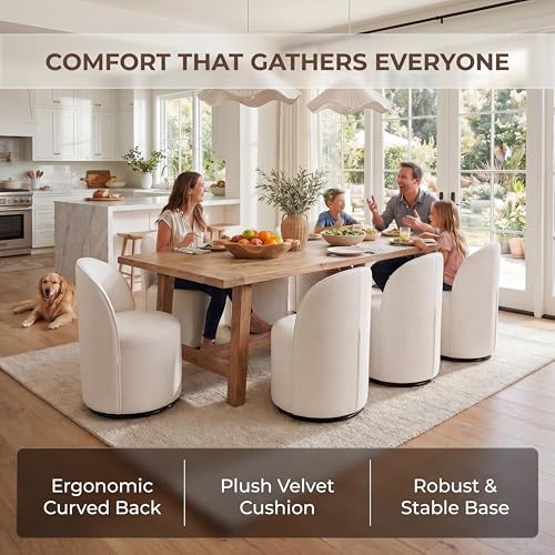 HNY Upholstered Kitchen & Dining Room Barrel Chair, Mid Century Modern Round Velvet Dining Chair, 360 Degree Swivel Comfy Armless Accent Makeup Vanity Side Chair for Bedroom Living Room, White - color: White