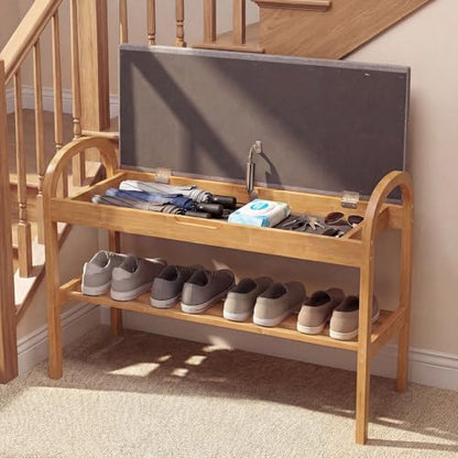 GOFLAME Bamboo Shoe Rack Bench with Storage, 2-Tier Entryway Bench with Flip Top Storage and Padded Seat Cushion, Shoe Rack Organizer with Shelf for Hallway, Bedroom, Living Room - style: With Storage