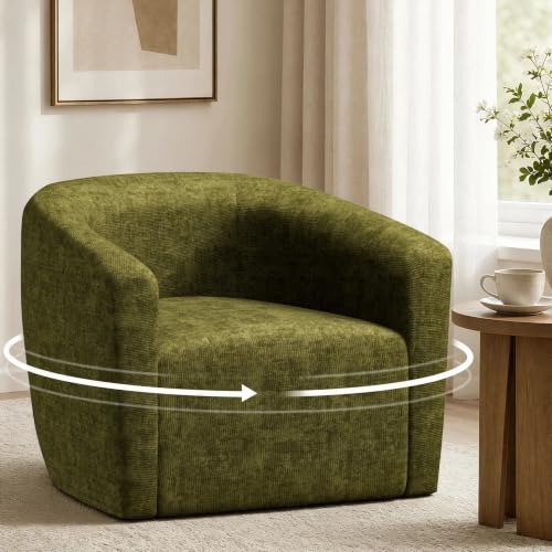 YaFiti Modern Swivel Accent Chair 1 pcs, Round Barrel Club Armchair, Green | Chenille Fabric, 24.4” Deep Seat, FSC Solid Wood, 400lbs Capacity, Barrel Club Chair, Upholstered Armchair for Living Bedroom - color: Green
