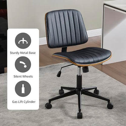VipDesk Small Home Office Chair - Armless Mid Back Desk Chair with 360° Swivel and Wheels, PU Upholstered Height Adjustable Modern Walnut Computer Chair for Home, Office Meeting Room - Black - color: Black, size: Classic