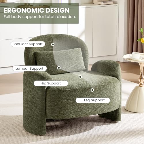 Accent Chair for Living Room, Modern Chenille Fabric Lounge Reading Sofa Chair with Lumbar Pillow, Upholstered Arm Chairs for Bedroom, Office, Green - color: Green
