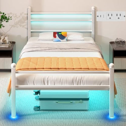 J.Fkne Twin Bed Frame with LED Lights & Charging Station, Metal Platform Bed with Headboard, Heavy Duty Metal Slats, No Box Spring Needed, Noise Free, Easy Assembly, White - size: Twin, style: Classic White