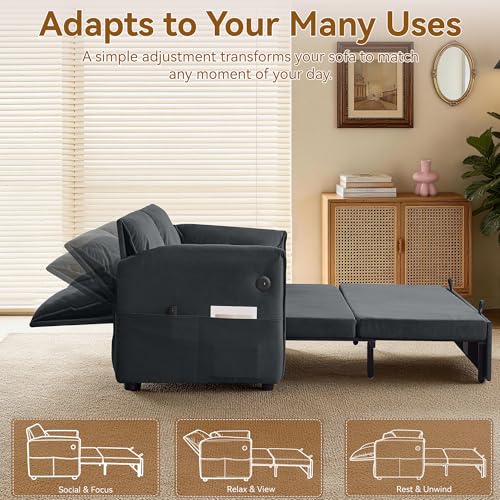 63" 3-in-1 Velvet Convertible Sleeper Sofa Bed, Modern Adjustable Backrest Loveseat Pull Out Couch with USB & Side Pocket, Small Space Love Seat Sofa Bed for Living Room, Bedroom, Dark Grey Velvet - color: Dark Grey