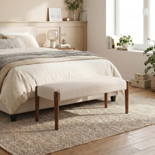 Usaint 42" End of Bed Bench with Wood Legs, Beige with Walnut Leg | Modern Upholstered Bedroom Bench with Rubberwood Legs, Entryway Bench with Cushion, Dining Bench for Living Room, Bedroom - color: Beige With Walnut Leg