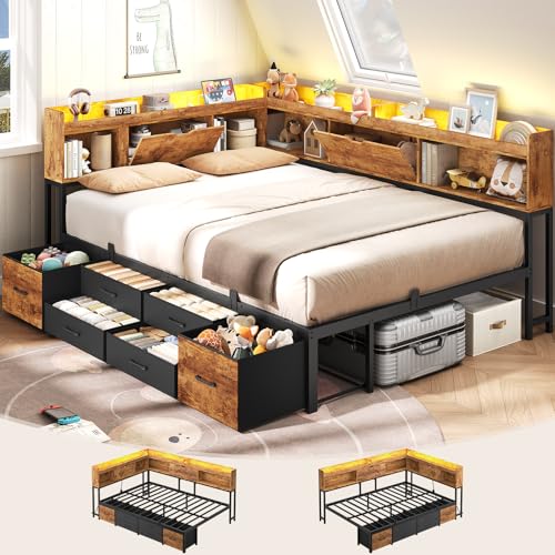 AOGLLATI Full Size Corner Bed Frame with 6 Storage Drawers and Bookcase Hidden Headboard, Full Bed Frame Metal Platform Daybed with Charging Station and LED Lights for Kids Teens, Vintage Brown - color: Vintage Brown, size: Full