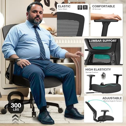 Mesh Office Chair,Ergonomic Computer Desk Chair,Sturdy Task Chair- Adjustable Lumbar Support & Armrests,Tilt Function,Comfort Wide Seat,Swivel Home Office Chair (Noir Black) - color: Noir Black
