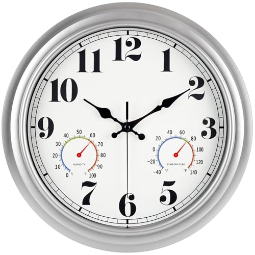 JENLYSTIME 13 Inch Outdoor Clock, Waterproof and Silent, with Thermometer and Hygrometer, Large Numbers for Easy Reading, Perfect for Home,Office,Bedroom,Kitchen,Porch,Garden,Pool(Silver) - color: 13 Silver