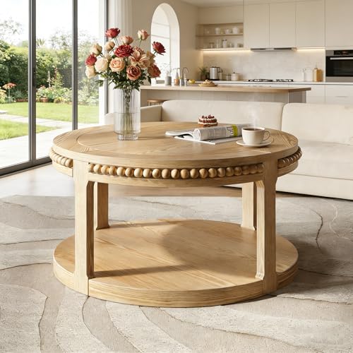 31.5" Round Wood Coffee Table, 2 Tier Modern Center Table,Solid Wood+MDF, Easy Assembly, Accent Table for Living Room, Apartment, Small Space. (Natural Wood) - color: Natural-m