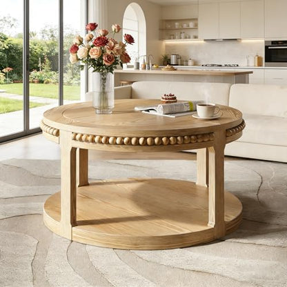 31.5" Round Wood Coffee Table, 2 Tier Modern Center Table,Solid Wood+MDF, Easy Assembly, Accent Table for Living Room, Apartment, Small Space. (Natural Wood) - color: Natural-m