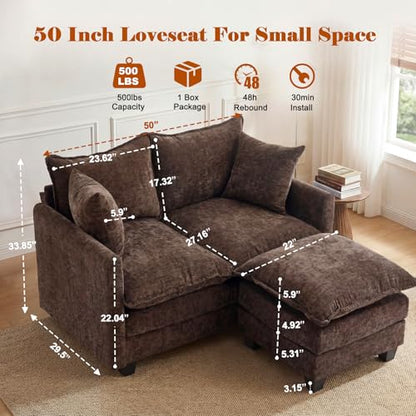 50'' L-Shape Loveseat Sofa with 22" Ottoman, 2 Seat Modern Cloud Couch with 2 Washable Pillows for Small Space Apartment Office Living Room Bedroom, Brown - color: Brown, size: 50"L