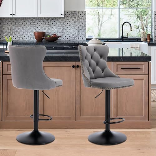 Velvet Bar Stool Set of 2, Adjustable Swivel Bar Stools with Black Metal Leg, Button Tufted, Footrest, Chrome Nailhead, Counter Height Chair for Kitchen, Bar, Dining Room (Grey) - color: Grey-black Leg, size: Set of 2