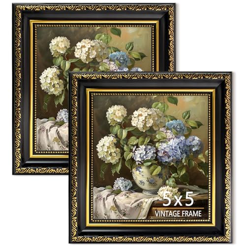 5x5 Picture Frame, Ornate Vintage Photo Frames for Wall Decor or Tabletop Display, Antique 5 x 5 photo frame with Distressed Rust-Like Finish, Retro Home Decor, Black and Gold, 2 Pack - color: Black & Gold, size: 5x5-2P