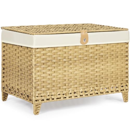 Wicker Storage Basket with Lid, 200L Storage Bin with Removable Liner Bag | Rattan-Inspired Shelf Basket Design, Storage Trunk with Heightened Feet, Wardrobe Storage Container & Home Organizer - color: Natural, size: 200L