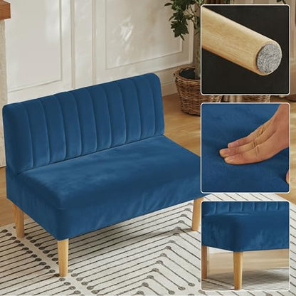 42" Velvet Armless Loveseat Settee, Mini Two-Seater Couch with Channel-Tufted Back, Solid Wood Legs, Compact Bench with Back for Small Apartment, Kitchen Nook & Entryway, Easy Assembly (Blue)