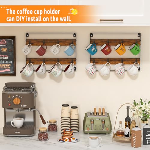 Huxitocan Wall Mount Coffee Mug Holder - Rustic Wood and Iron, Holds Up to 24 Mugs (3Pack) for Kitchen, Home, Coffee Bar - size: 6-tier