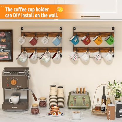Huxitocan Wall Mount Coffee Mug Holder - Rustic Wood and Iron, Holds Up to 24 Mugs (3Pack) for Kitchen, Home, Coffee Bar - size: 6-tier