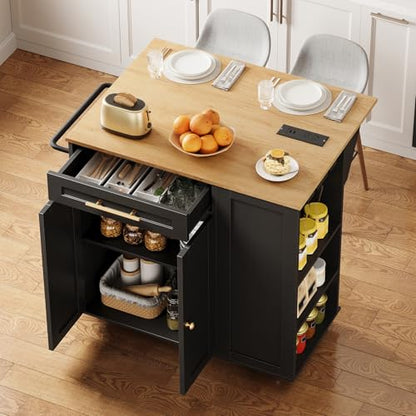 Kitchen Island with Storage, Rolling Kitchen Table with Drop Leaf, Charging Station, 3 Open Adjustable Shelf & Drawer, Towel Rack, Mobile Kitchen Cart for Dining Room, Black and Natural - color: Black + Natural