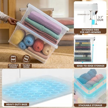 Citylife 33 Qt Ultra-Thick Plastic Clear Storage Bins with Lids, 4-Pack | Heavy-Duty Straight-Wall Plastic Bins with Honeycomb Base and Pinch-Free Latches for Closets, Garages, and Decor, BPA-Free - size: 33 QT, style: 4 Pack