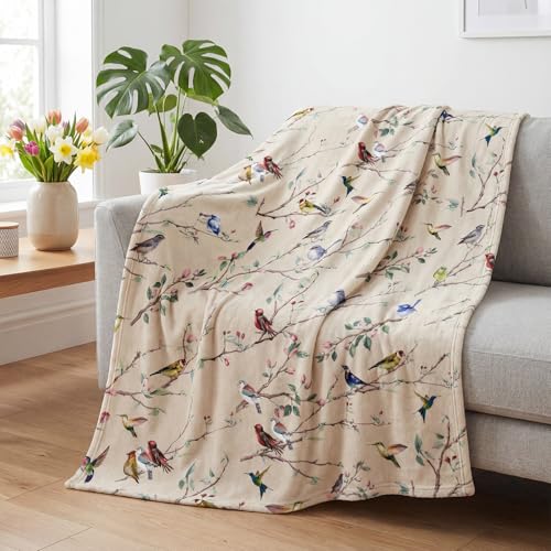 Horaldaily Spring Summer Birds Branch Biege Flannel Throw Blanket 50x60 | All Season Using Ultra Soft Fuzzy Plush Cozy Non-shedding Blanket for Couch Sofa Bed Camping, Ideal Gift for Kids Adults - color: Beige, size: Throw(50x60'')