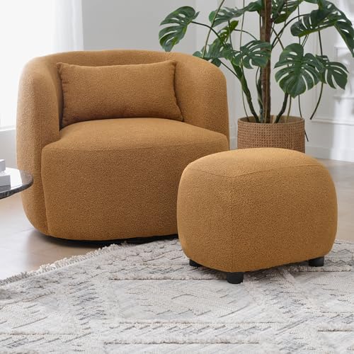 KINWELL Round Boucle Upholstered Ottoman Chair Padded Seat Footstool, Brown | Easy Assembled Modern Soft Sofa Couch Loveseat Chair Footrest, Extra Seating for Bedroom Entryway, 18.5" D x 23" W x 16.5" H - color: Brown