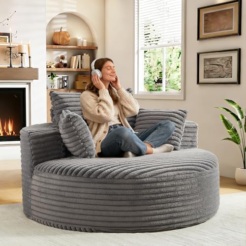 55" Oversized Round Chaise Longue Chair Indoor, Modern Circle Single Boneless Cloud Reading Deep Seat Sleeper Sofa Corduroy No Assembly Required for Living Room, Bedroom Apartment, Grey - color: Grey, style: 55"Corduroy