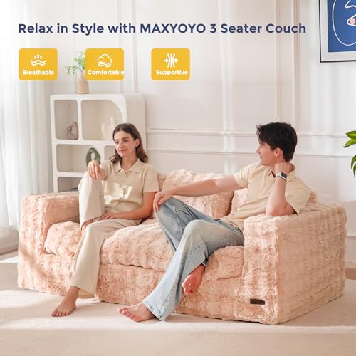 MAXYOYO 3-Seater Boneless Sofa Couch, Modern Bubbled Sofa for Living Room, Soft Bean Bag Chair High-Density Foam Couch with Pillows, No Assembly Required - color: Bubble Pink, size: 3 Seater