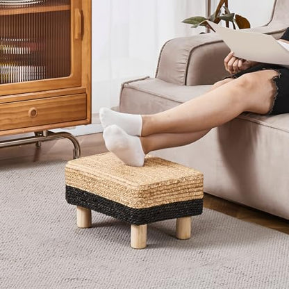 Wimarsbon Natural Seagrass Footstool Ottoman Rectangular Footrest Pouf Ottomans with Wooden Legs Hand Weave Step Stool for Living Room Bedroom Entryway Black - color: Black, size: 12"D x 16.5"W x 9.5"H