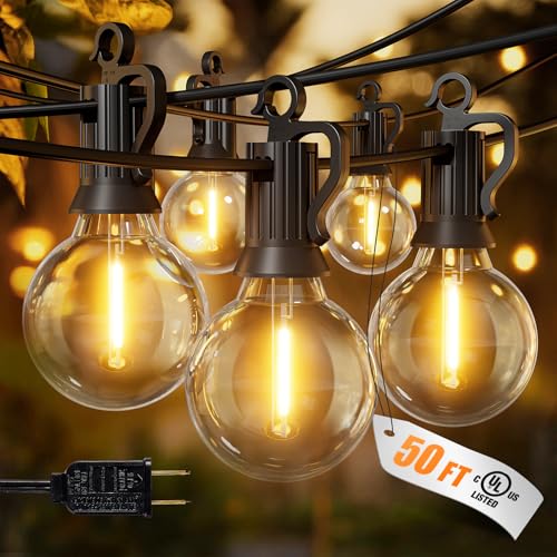 Outdoor String Lights, 50FT 52 LED Bulbs Connectable Patio Lights (2 Spare) | G40 Outside Vintage Hanging Light for Backyard Bistro Balcony Porch Christmas Party Wedding, E12, 2200K, Black - color: Black, size: 50FT - 52 Bulbs (Pack of 1)