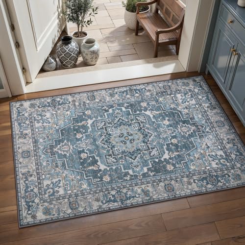 Vintage Small Area Rugs for Entryway, Non Slip 2x3 Washable Rug Blue Grey | Tangsoo Oriental Indoor Front Door Rug Mat, Soft Low Pile Print Carpet Throw Rugs for Entry Entrance Kitchen Bedroom Decor - color: Blue Gray, size: 2' X 3' (Rectangular)