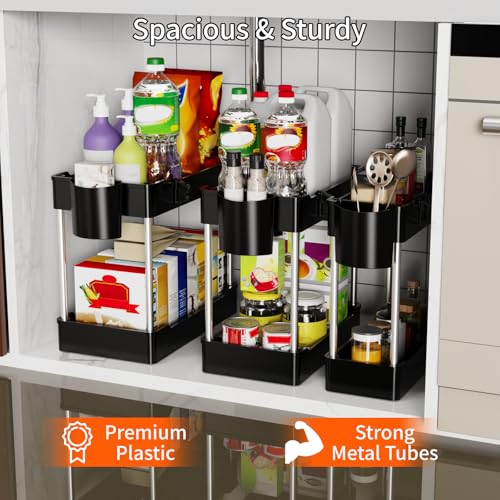 3 Pack Under Sink Organizer Bathroom and Storage Cabinet (Black) | 2 Tier with Hanging Cups for Kitchen - color: Black