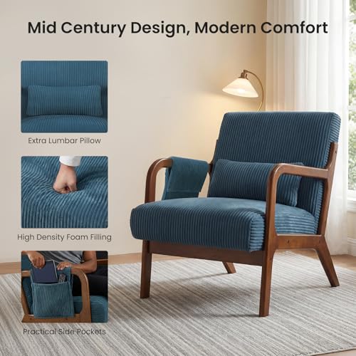 DUMOS Mid Century Modern Accent Chair, 17'' Seat Height with Side Pocket | Upholstered Small Side Chair with Waist Cushion and Wood Frame for Living Room, Bedroom, Reading Nook, Navy Blue - color: Navy Blue, size: Set of 1