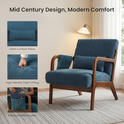 DUMOS Mid Century Modern Accent Chair, 17'' Seat Height with Side Pocket | Upholstered Small Side Chair with Waist Cushion and Wood Frame for Living Room, Bedroom, Reading Nook, Navy Blue - color: Navy Blue, size: Set of 1