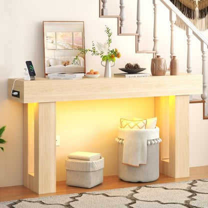 Grepatio Long Console Table with LED Light, 63 Inch Wood Entryway Table with USB Power Outlet, Narrow Sofa Behind Couch Table, Farmhouse Entry Tables for Entryway, Hallway, Living Room (LED Natural) - color: Led Natural