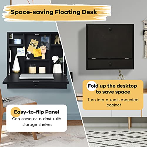 Tangkula Pneumatic Floating Desk - Wall Mounted Laptop Desk with Magnetic Foldable Tabletop, Space Saving Table with Storage Drawer and Shelves (Black) - color: Black