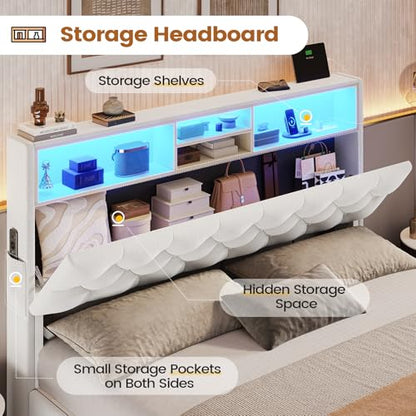Queen Bed Frame with 4 Drawers & Storage Headboard, Lights, Cream | LED Bed Frame Queen Size with Charging Station, 5 Shelves, Velvet Upholstered Bed with Metal Slats, No Box Spring Needed - color: Creamy White-velvet, size: Queen
