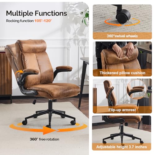 VINGLI Microfiber Brown Rolling Ergonomic Office Desk Chair with Padded Flip-up Arms, 360°Swivel High Back Executive Computer Chair with Wheels for Game，Home Small Space, Study Room, Reading Room - color: Microfiber-brown