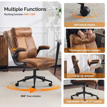 VINGLI Microfiber Brown Rolling Ergonomic Office Desk Chair with Padded Flip-up Arms, 360°Swivel High Back Executive Computer Chair with Wheels for Game，Home Small Space, Study Room, Reading Room - color: Microfiber-brown