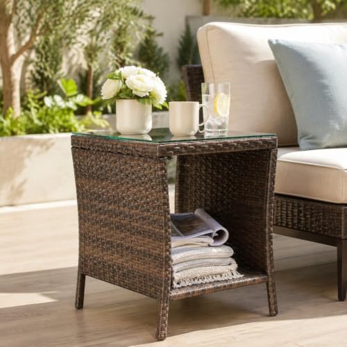 IRONORA Outdoor Wicker Side Table Patio Side Tables for Outside, Tempered Glass Top Wicker Table with Storage End Table for Balcony Porch Deck - color: Brown