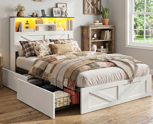AOGLLATI Twin Bed with Storage Bookcase Headboard and 4 Drawers,Wooden Farmhouse Twin Bed Frame with Charging Station, Led Lights & Metal Slats,White - color: White, size: Twin