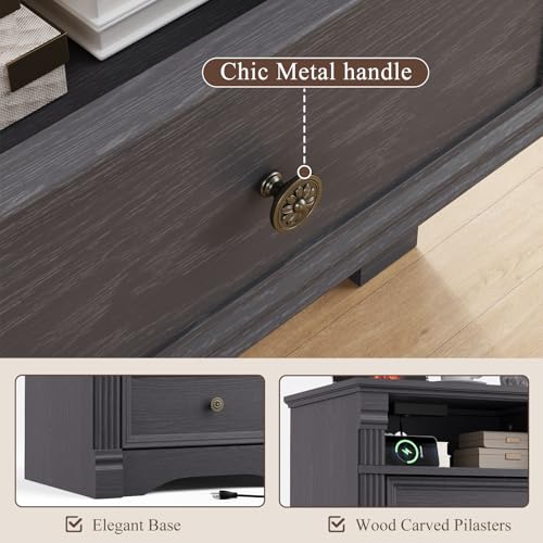 Grey Nightstand with Charging Station, Farmhouse Bedside Table, End Table with 2 Drawers and Chic Wood Pilasters Design, Wood Side Table with Metal Handles for Bedroom, Living Room - color: Grey, size: 15.7"D x 22"W x 23.6"H (2 Drawers)