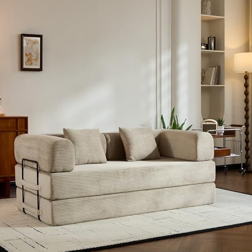 Convertible Sleeper Sofa Bed,Corduroy Folding Mattress Couch with Cylindrical Pillows,Metal Frame,High-Density Sponge,Reconfigurable Lounge Seat for Living Room Bedroom Apartment (Beige,Couch) - color: Beige, size: 77.95"L x 35.43"W x 26.77"H