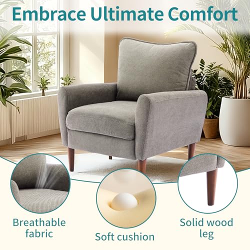 OLIXIS Comfy Accent Chair for Living Room Bedroom and Waiting Room | Upholstered Mid-Century Reading Chair with Pillow and Solid Wood Legs, Wide Singe Modern Lounge Sofa, Greige - color: Greige