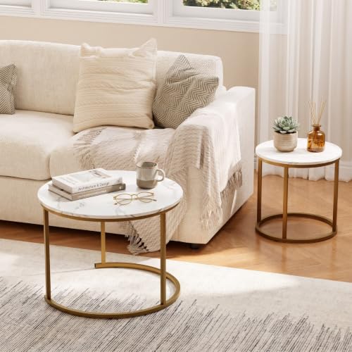 aboxoo Nesting Coffee Table Round Tables for Living Room,Faux Marble Round Accent Table with Gold Metal Frame,Modern Stackable End Table for Living Room Bedroom Small Space - color: White Marble & Gold