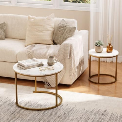 aboxoo Nesting Coffee Table Round Tables for Living Room,Faux Marble Round Accent Table with Gold Metal Frame,Modern Stackable End Table for Living Room Bedroom Small Space - color: White Marble & Gold
