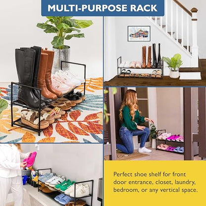 Sundaze Shoe Rack - 2 Tier Shoe Rack for Front Door Entrance, Sturdy Long Shoe Organizer for Closet, Bedroom, Entryway, Garage, Non Woven Fabric Shelf, Black, Holds Up to 10 Pairs - size: 2 Tier (34.3" W)