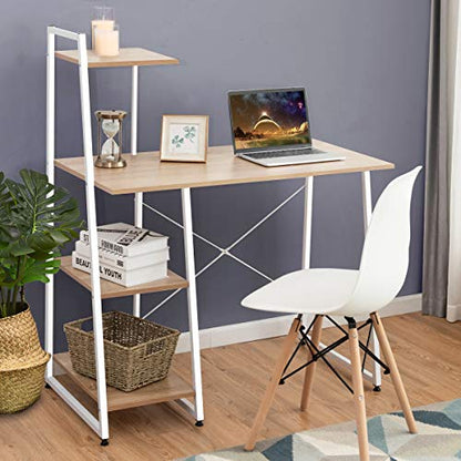 Tangkula Computer Desk with 4 Tier Shelves, Writing Desk Study Desk, Compact Computer Desk Workstation with X-Shaped Metal Frame & Adjustable Foot Pads, Home Office Desk (Natural) - color: Natural & White