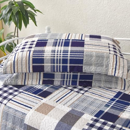 Jarson 3 Pcs Plaid Daybed Cover Set Twin Size Navy White Brown Sofa Cover Double Side Bed Set Classic Patchwork Bedding Sets Daybed Quilt Set with Pillow Shams - color: Navy White Brown